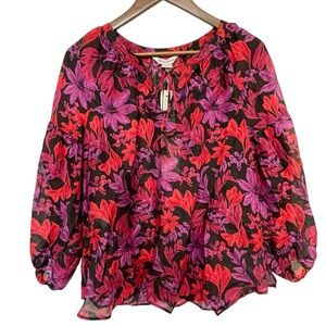 Tommy Bahama Silk Cotton Blend Peasant Top Sheer Floral Red Black 3/4 Sleeve
